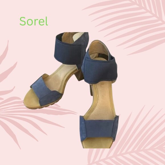 Sorel women summer blue sandals low heel slip on shoe designer pumps denim look - Picture 1 of 6